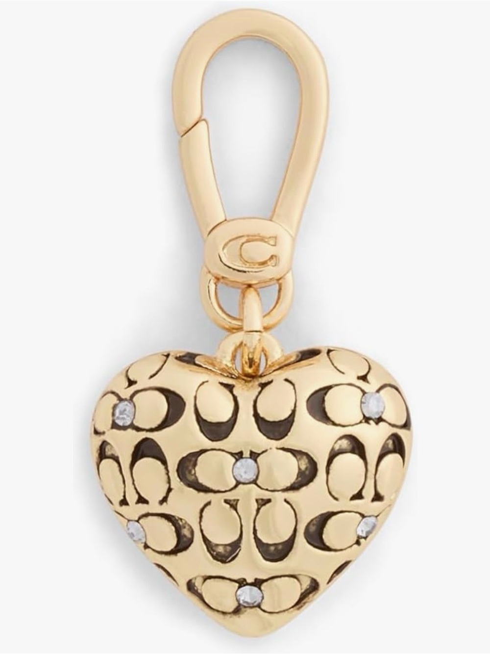 NWT COACH Gold Brass Heart Quilt Logo Keychain Purse Charm w/ Crystal & DUST BAG